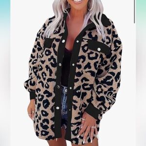 Leopard Sherpa Coat Spread Collar Cheetah Furry Shacket Jacket